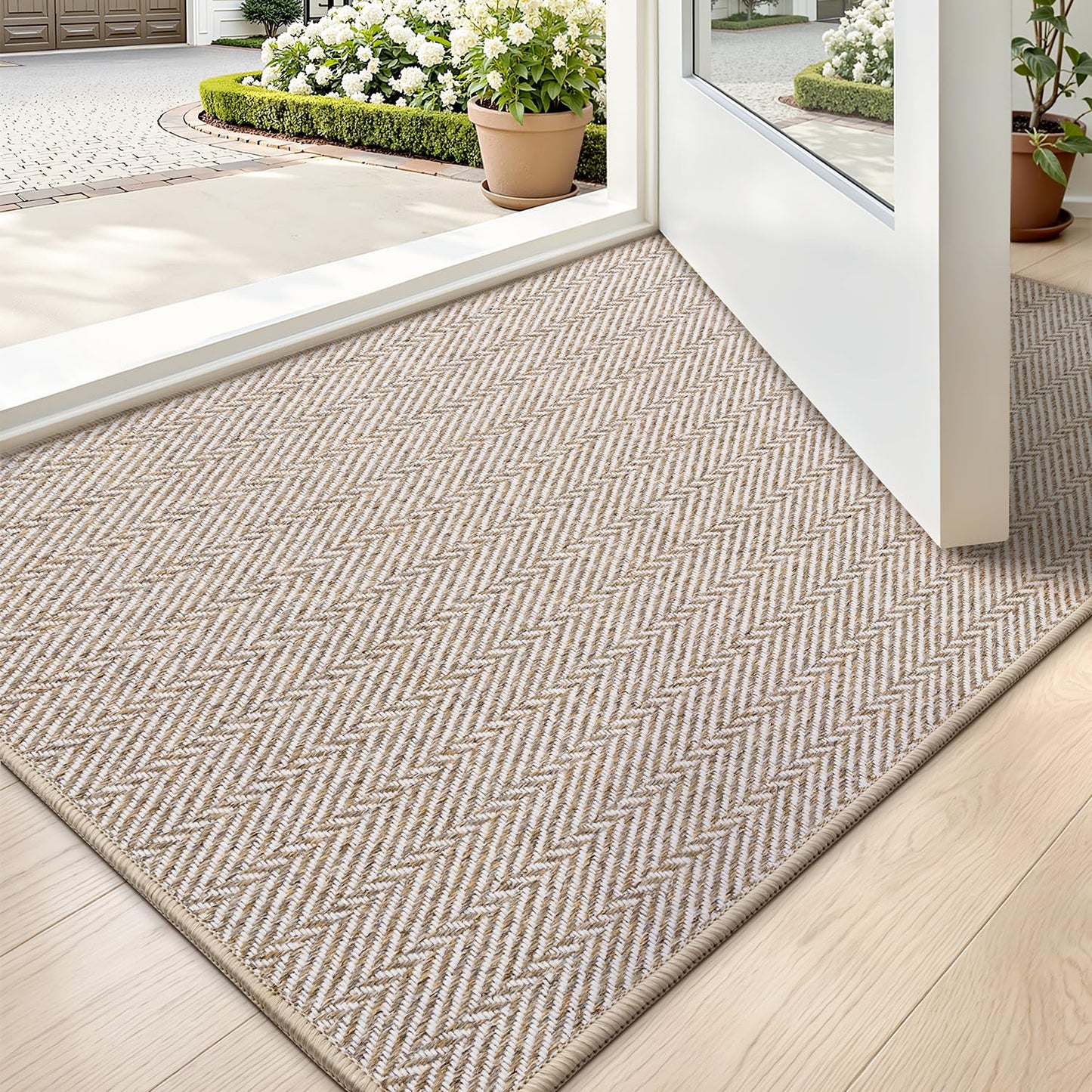LUMI Ultra Thin Indoor Door Mat for Entrance 24"x36", Non Slip Entryway Mat, Low Profile Doormat, Unique Herringbone Design Carpet for Inside, Patio, Porch, Beige