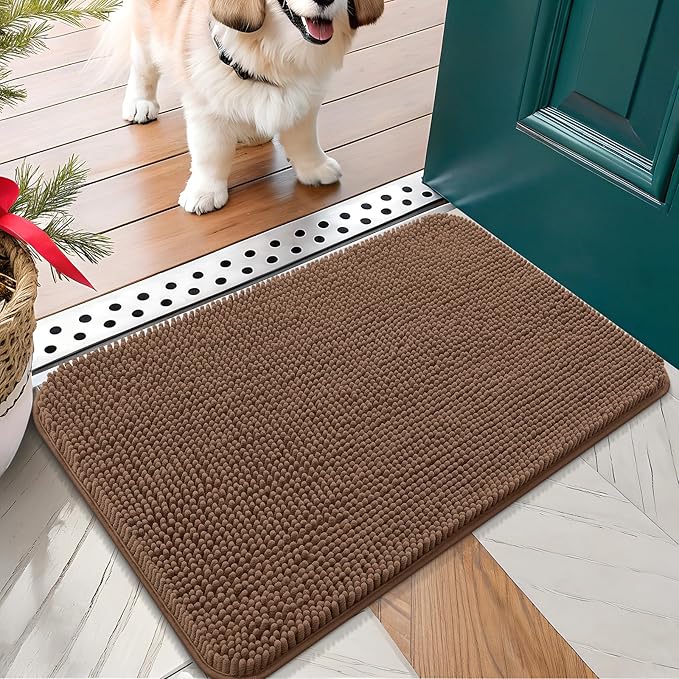 OLANLY Dog Door Mat for Muddy Paws 30x17, Absorbs Moisture and Dirt, Absorbent Non-Slip Washable Doormat, Quick Dry Chenille Mud Mat for Dogs, Entry Indoor Entryway Carpet for Inside Floor, Mocha