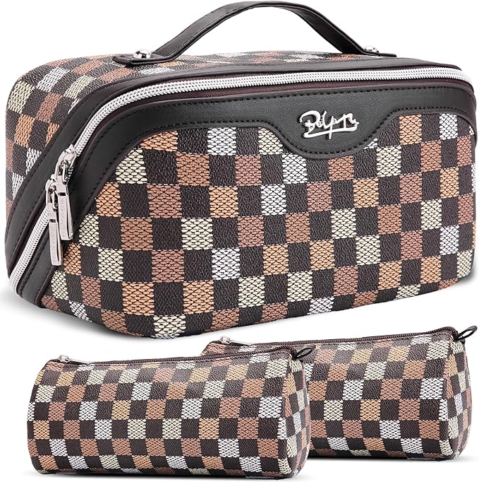 BOYATU Travel Makeup Bag Organizer Cosmetic Bag: 3 Pcs Set Make up Bags for Women with Handle - Waterproof Vegan Leather Toiletry Bag (01-H-Coffee)