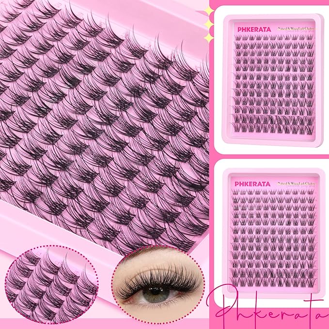 PHKERATA Natural Lash Clusters Kit Invisible Band Eyelash Clusters Wispy Lash Extension Kit DIY Cluster Eyelash Extension Kit Individual Lashes with Lash Glue Bond and Seal Tweezers, 8-16mm