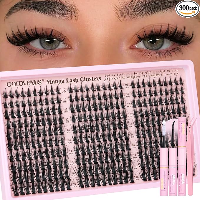 Goddvenus Manga Lash Clusters Kit Natural 300 Pcs Cluster Eyelash Extensions Kit Wispy Fairy Fluffy Eyelash Clusters Anime Cosplay Individual Lash Extensions Kit CC Curve 10-16mm