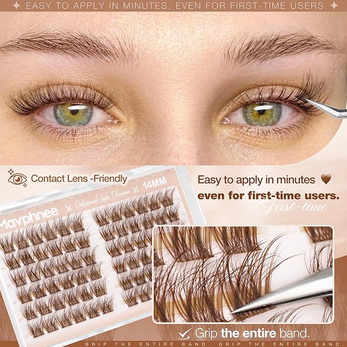 14MM Lash Clusters Brown Cluster Eyelash Extensions Natural Fluffy Individual Lashes C Curl Clear Band Cluster Lashes Reusable Wispy Dark Brown Lash Extensions For Full Glam