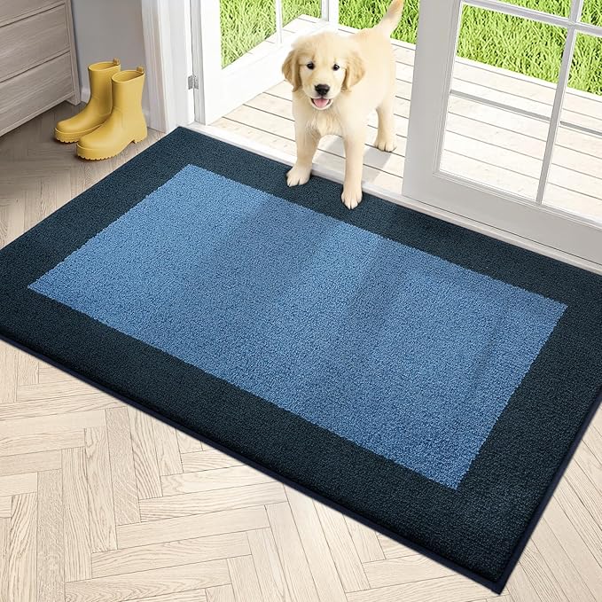 PURRUGS Dirt Trapping Door Mat 34" x 60", Non-Slip Washable Entry Mat, Dog Doormat, Front Door Mat, Super Absorbent Entrance Mat for Muddy Shoes & Paws, Light Blue & Navy