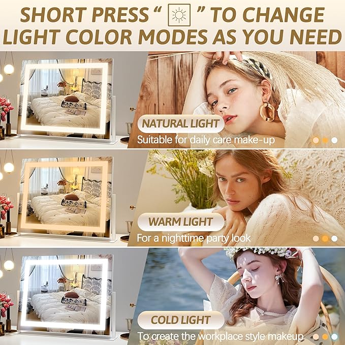 ROLOVE Vanity Mirror with Lights 22"x18", Lighted Makeup Mirror with 10X Magnification, Smart Touch 3 Colors Dimmable, 360° Rotation, Women Gift, Dresser Mount, Bathroom (White)