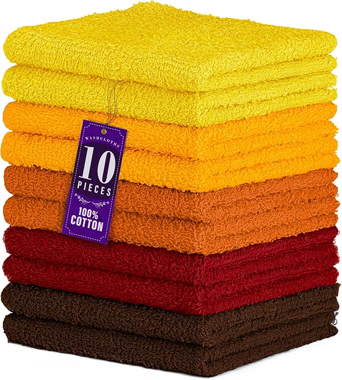 DecorRack 10 Pack 100% Cotton Wash Cloth, Luxurious Soft, 12 x 12 inch Ultra Absorbent, Machine Washable Washcloths, Assorted Set 1 (10 Pack)