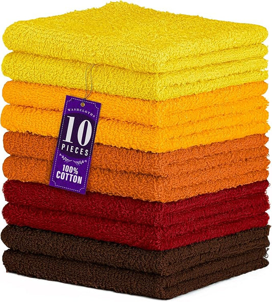 DecorRack 10 Pack 100% Cotton Wash Cloth, Luxurious Soft, 12 x 12 inch Ultra Absorbent, Machine Washable Washcloths, Assorted Set 1 (10 Pack)