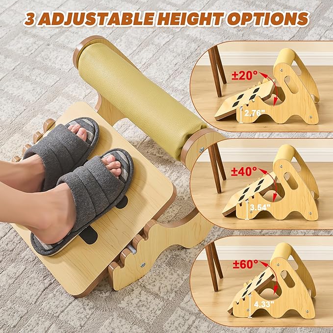 Foot Rest for Under Desk at Work- Adjustable Rocking Foot Stool with 3 Height Positions and Soft Crossbar, Ergonomic Wooden Footrest with Anti-Slip Surface for Home, Office