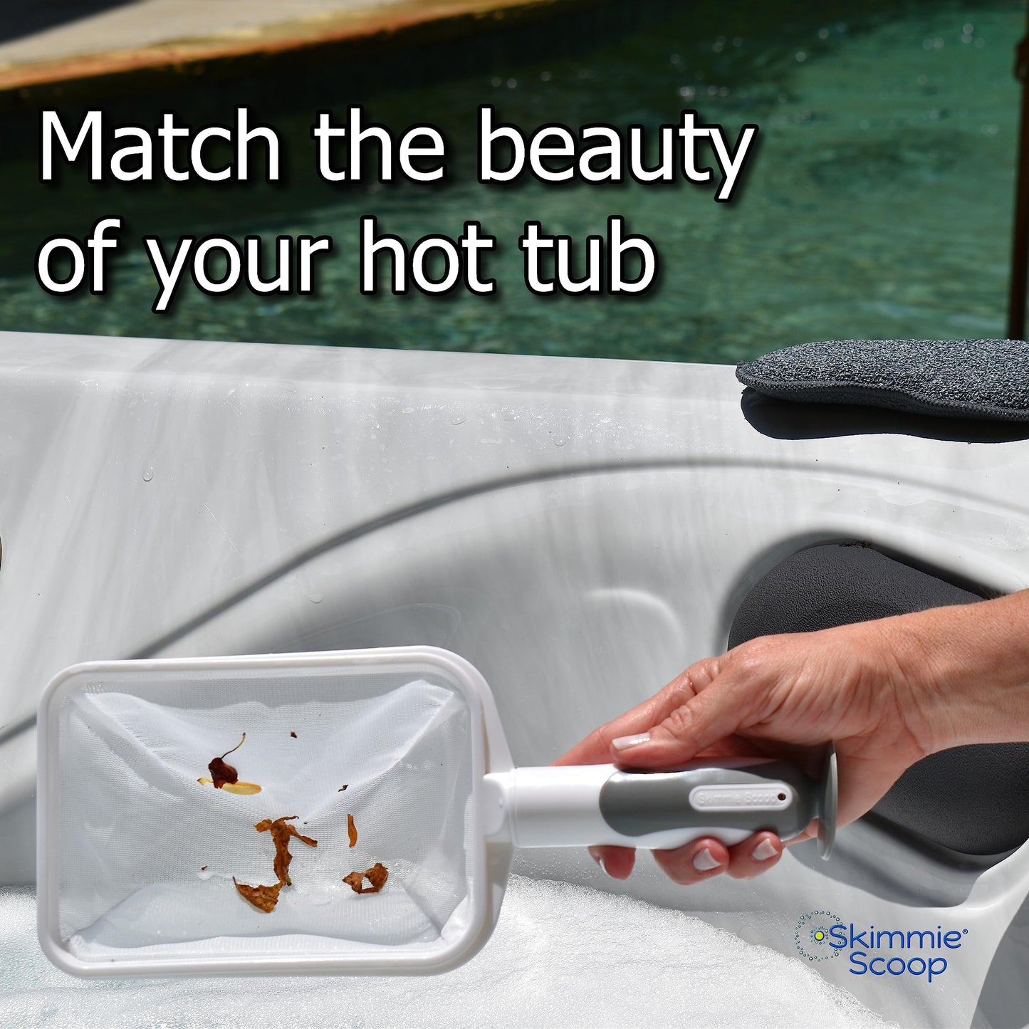 The Skimmie Scoop - Patented Handheld Skimmer with Fine Mesh Net for Spa, Hot Tub, Cold Plunge and Small Pool Cleaning - Lightweight and Durable with Powerful Suction Cup - Clean Out Filter (White)
