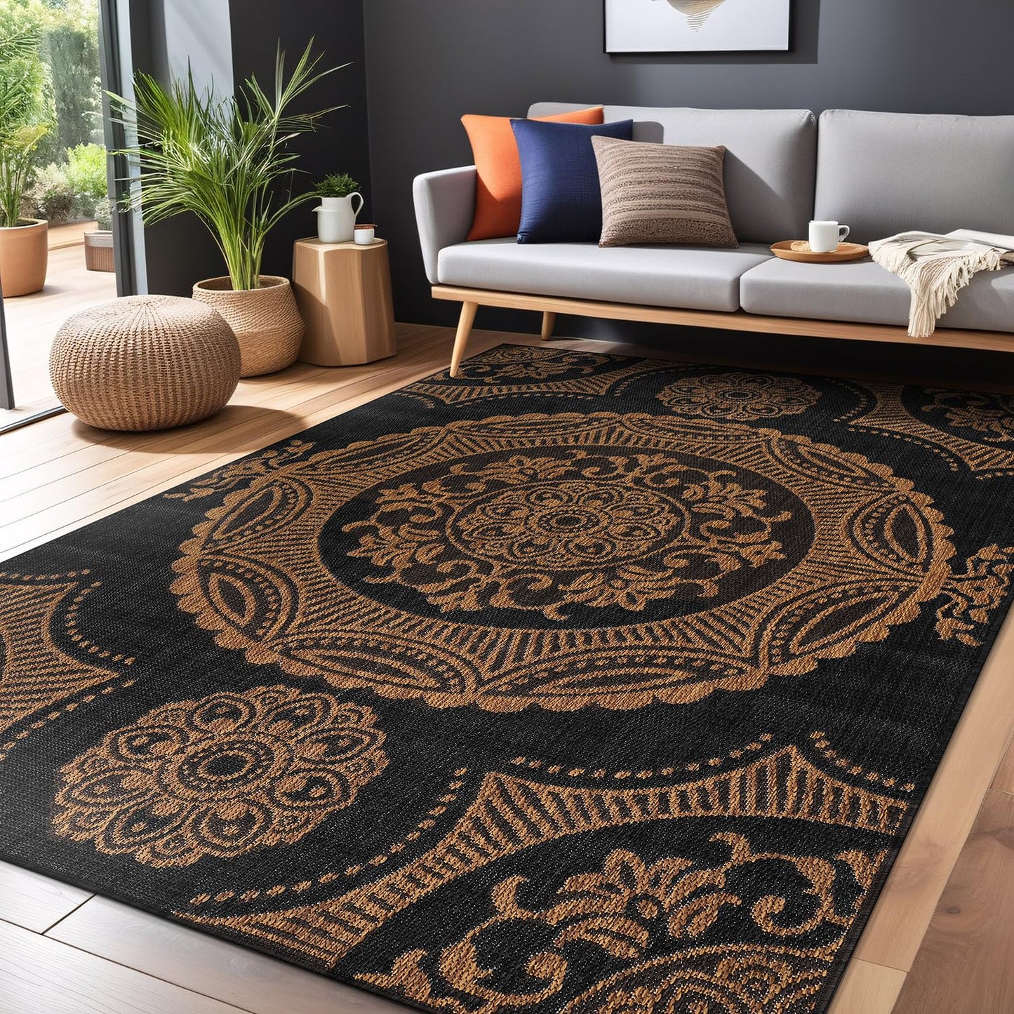 LuuL Home Medallion Outdoor Rug 10x14 Washable Outside Carpet for Indoor Patio Porch Waterproof Easy Cleaning Non Shedding Area Rugs Nut Brown 10 x 14