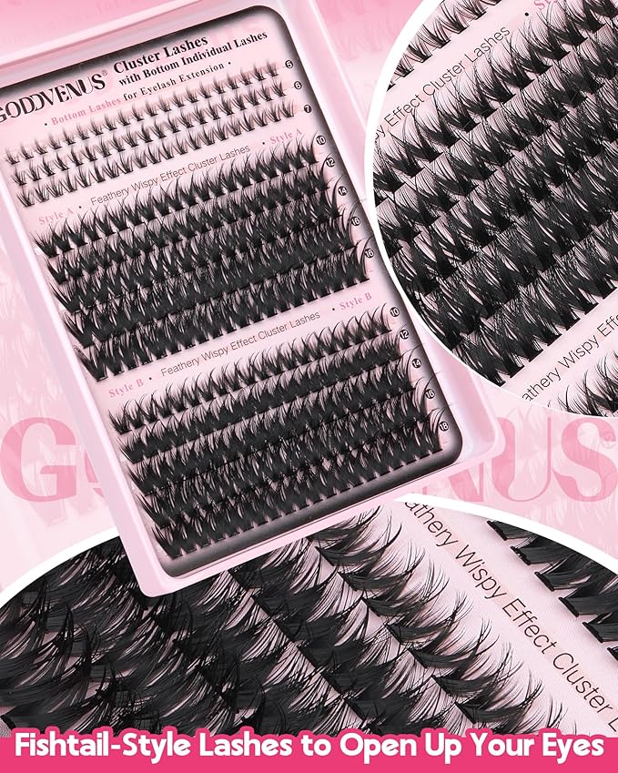 Goddvenus Wispy Eye Lash Clusters Kit Natural Cluster Eyelash Extensions Kit False Eyelash Clusters Fluffy DIY Individual Lash Extensions Kit C Curl