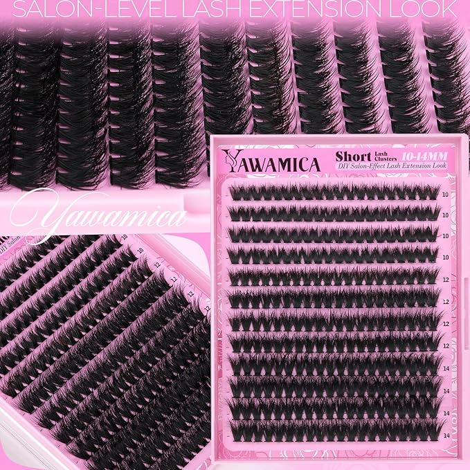 Yawamica Fluffy Lash Clusters 10-14mm Short Eyelash Clusters Thick 200D Volume Cluster Eyelash Extensions D Curl Wispy Individual Lashes DIY Lash Extension for Soft Glam and Daily Wear