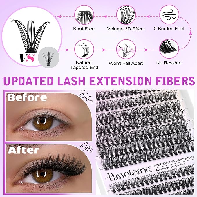 Pawotence Lash Extension Kit DIY 280pcs Lash Clusters Eyelash Extension Kit, 9-16mm 30D 40D Individual Lashes Kit with Lash Bond and Seal, Lash Tweezers for Self Use (30D&40D, 0.07D, 9-16mm, Kit)