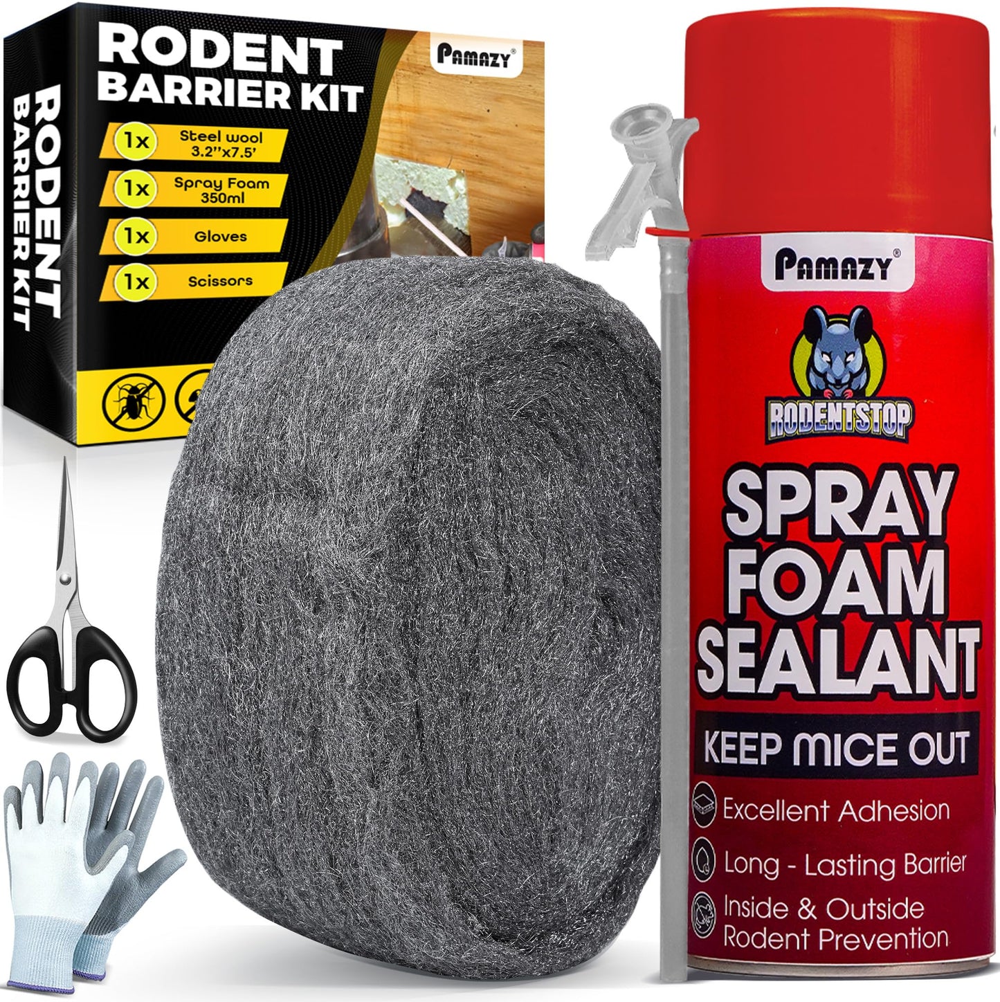 [Upgraded] Rodent Barrier Kit, Steel Wool Included PU Spray Foam Hole Filler for Mice Control 3.2"x7.5â Rodent Control Fill Fabric, Gloves, Scissors,Gap Blocker in Hole Pipeline Vent in House, Garage