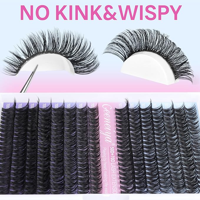 Geeneiya Wispy Lash Clusters Kit 50D+70D Lash Extension Kit 10-18mm Cluster Eyelash Extensions Kit Natural Individual Lashes Kit with Waterproof Lash Bond and Seal Glue Lash Tweezers for Beginners