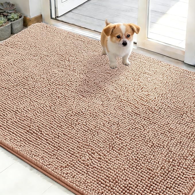OLANLY Dog Door Mat for Muddy Paws 48x30, Absorbs Moisture and Dirt, Absorbent Non-Slip Washable Doormat, Quick Dry Chenille Mud Mat for Dogs, Entry Indoor Entryway Carpet for Inside Floor, Peach