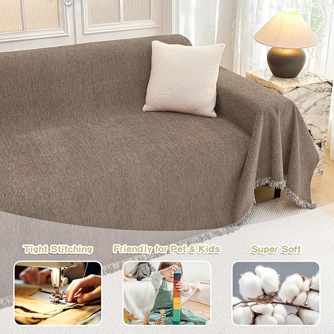 MYSKY HOME Couch Cover for Sofa Couch Covers for Pets, Non Slip Dogs Furniture Protector with Tassels for Living Room Non Slip Washable Furniture Protector Cover for Pet, Cat, 91"x118", Sand