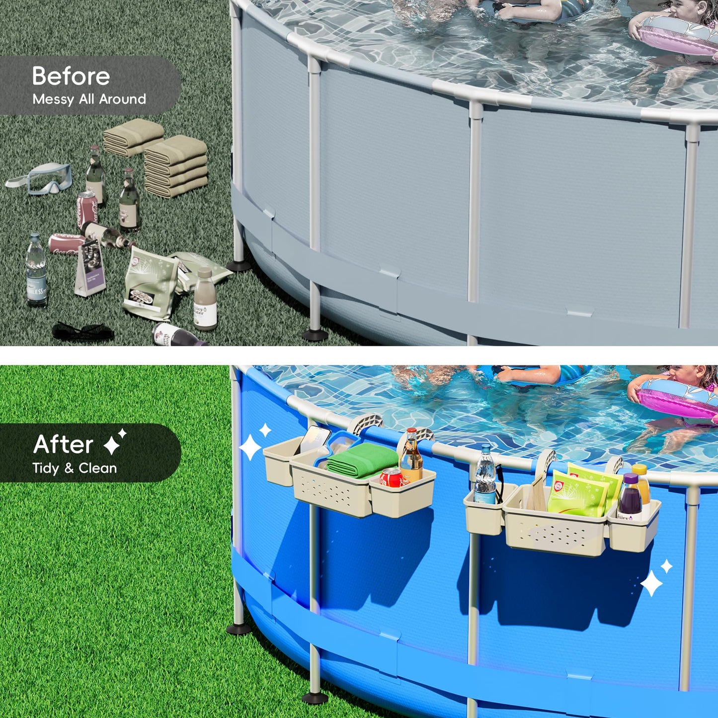 Kompoll [Patented] Poolside Storage for Above Ground Pool Accessories, Thickened Plastic Pool Basket with 2 Pool Cup Holder, Multifunctional Poolside Holder Fits for Most Frame Pools (2 Pack)
