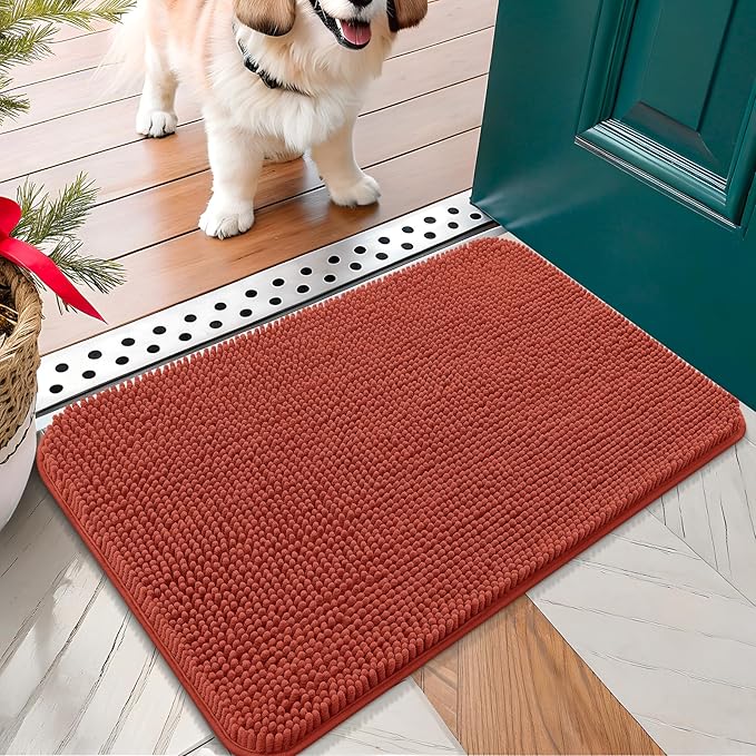 OLANLY Dog Door Mat for Muddy Paws 30x17, Absorbs Moisture and Dirt, Absorbent Non-Slip Washable Doormat, Quick Dry Chenille Mud Mat for Dogs, Entry Indoor Entryway Carpet for Inside Floor, Maple Red