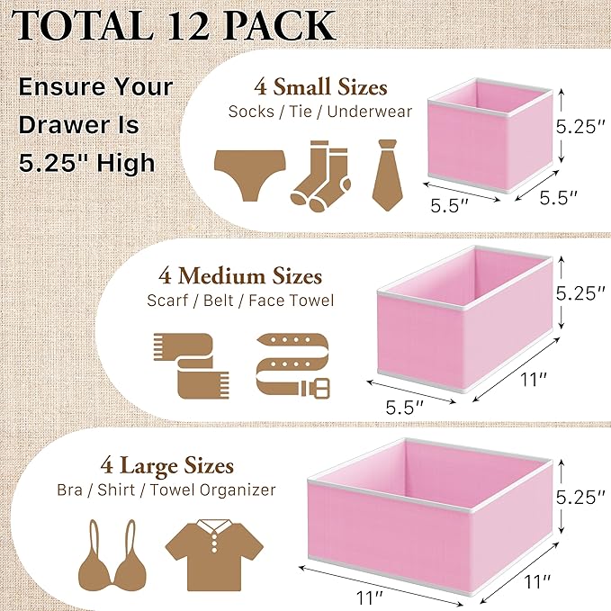 Simple Houseware Foldable Drawer Organizer for Clothes/Underwear/Panty/Onesie Stocking Bin, Set of 12, Pink