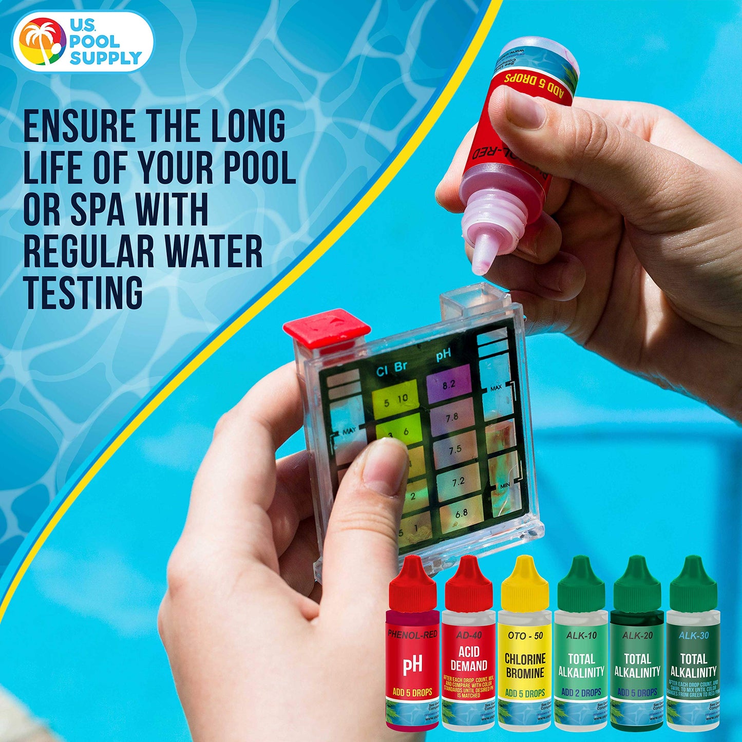 U.S. Pool Supply 5-in-1 Pool Test Kit - Pool Water Testing Kit, Accurate Chemical Test for pH, Chlorine, Bromine, Alkalinity, Acid Demand - Residential Home Swimming Inground Above Ground, Hot Tub Spa
