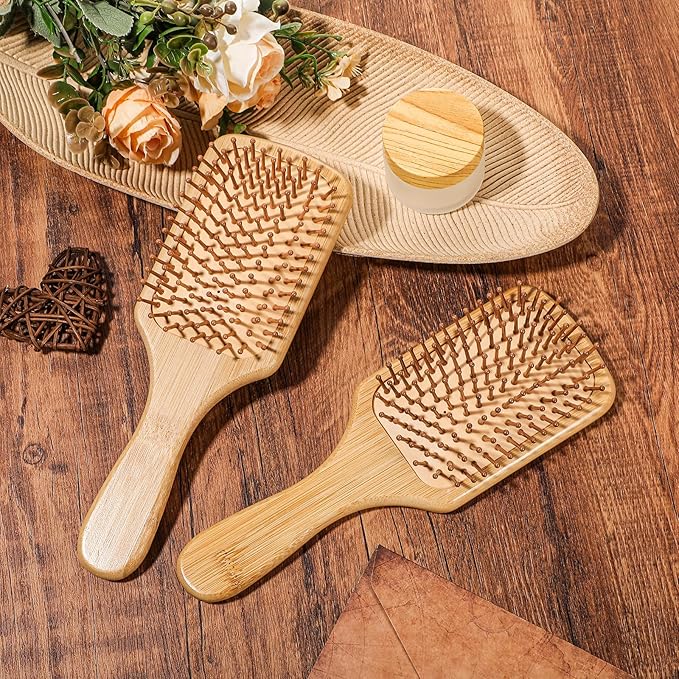 10 Pcs Bamboo Hair Brush, Bulk Round-tipped Bamboo Bristles Detangling Brush Paddle Lightweight Massage Anti Static for Women Men and Children, Stimulates Scalp for Hair Growth (Small, Count, 10)