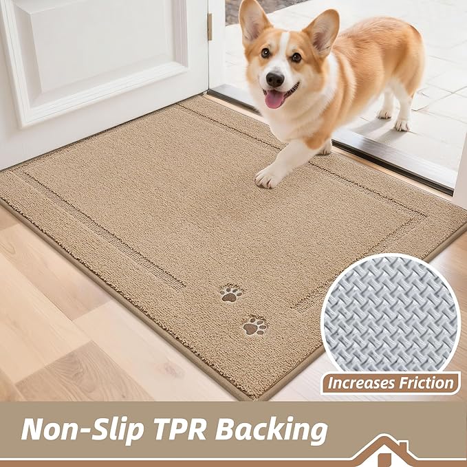BEQHAUSE Dog Door Mat for Mud Paws Dirt Trapper Doormat Non-Slip Entryway Rugs Absorbent Welcome Mat Washable Indoor Floor Mat Low-Profile for Front Door, 20" x 32", Beige