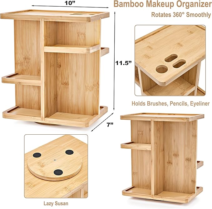 Sorbus 360ÃÂ° Makeup Organizer - Bamboo Wood Make Up Storage Carousel for Cosmetics, Skin Care Rotating Makeup Organizer for Vanity, Bathroom Storage