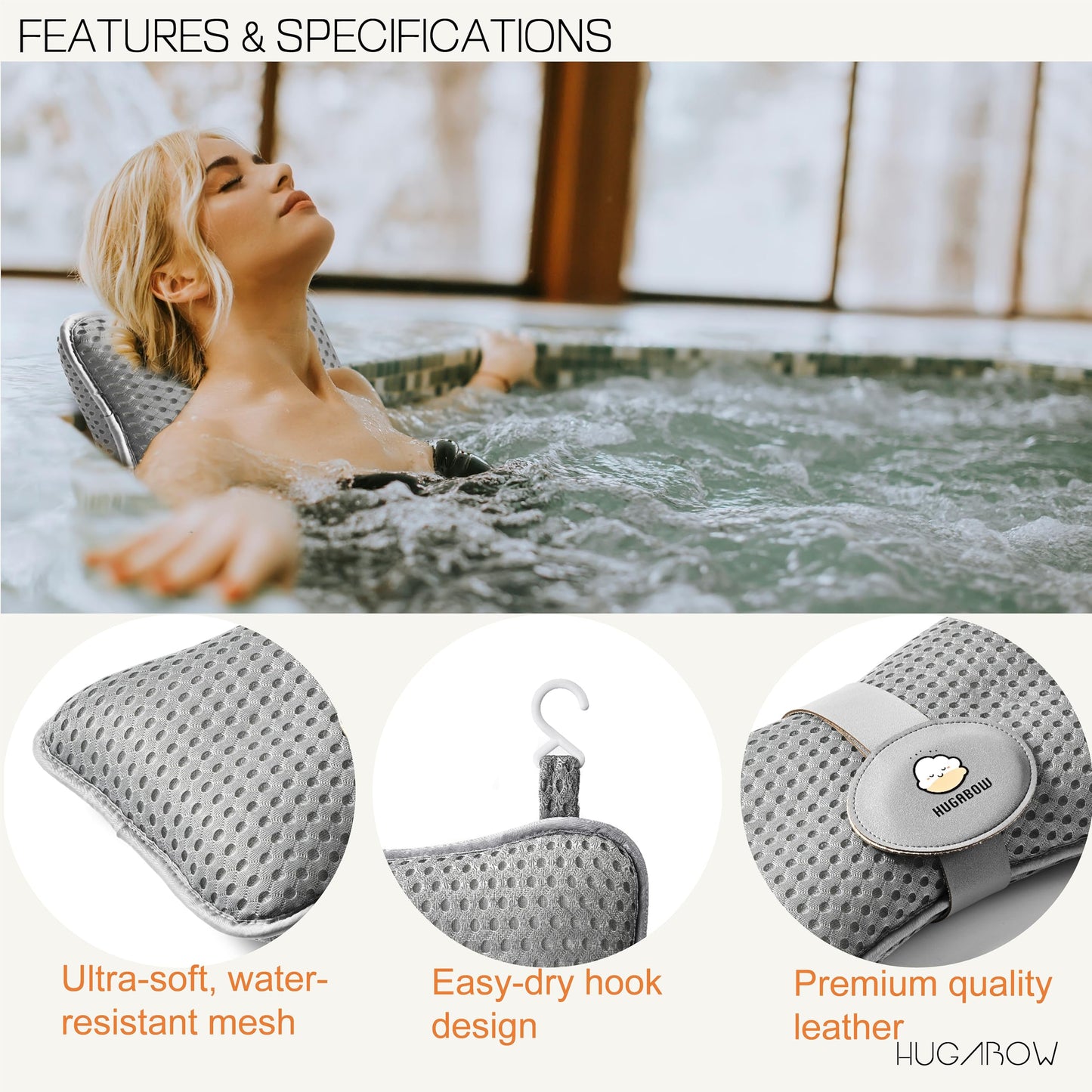 HUGABOW 2-Pack Large Pillow for Hot Tub (Grey), Spa, and Chaise Lounge - Universal Headrest & Neck Support Cushion, Adjustable Height with Long Strap, Easy Drying with Hook (2-Pack)