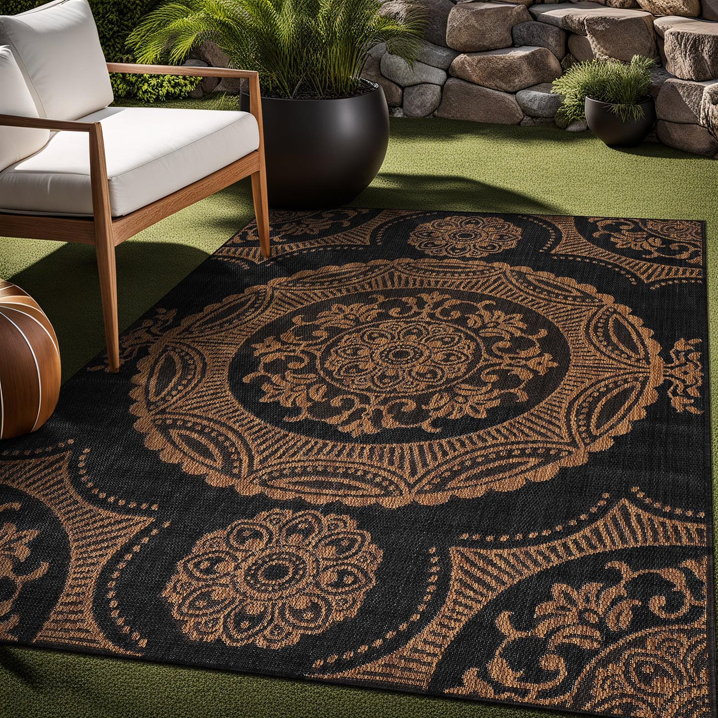 LuuL Home Medallion Outdoor Rug 10x14 Washable Outside Carpet for Indoor Patio Porch Waterproof Easy Cleaning Non Shedding Area Rugs Nut Brown 10 x 14