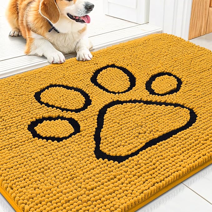 Smiry Dog Door Mat for Muddy Paws, Absorbent Dirt Trapper Non Slip Quick Dry Washable Chenille Mat for Mud Dogs, Entry Rug for Indoor and Outdoor (30x20 Inches, Golden Yellow and Black)