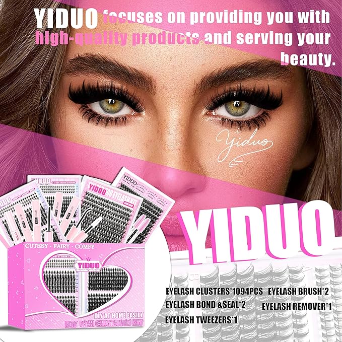 YIDUO Manga Lash Clusters Kit 40D+60D+80D+100 Fairy Spikes+Bottom Clusters Lashes Extensions Kit with 2X Bond and Seal 1094 Pcs 8-18mm Wispy Individual Eyelash Cluster Kit DIY at Home Easily