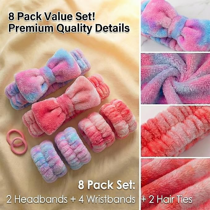 8 Pcs Spa Headband and Wristbands Set for Washing Face, Soft Face Wash Headbands Wrist Bands for Women with Scrunchies, Absorbent Wrist Towels, Makeup Hairband for Skincare, Yoga, and Teen Girls Gifts