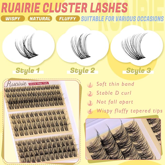 Natural Lash Clusters Wispy Eyelash Clusters 3 Styles 10-16MM Cluster Eyelash Extensions CD Curly Individual Lashes 140pcs DIY Lash Extensions with Soft Thin Band