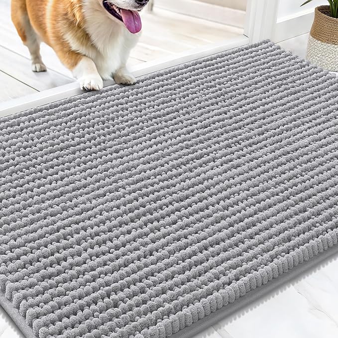 OLANLY Dog Door Mat for Muddy Paws 34x21, Ultra Absorbent Chenille Mud Doormat, Non-Slip Washable and Dirt Trapping Doormat for Indoor Entryway, Quick-Dry Indoor Pet Bed Mats for Dogs, Light Grey
