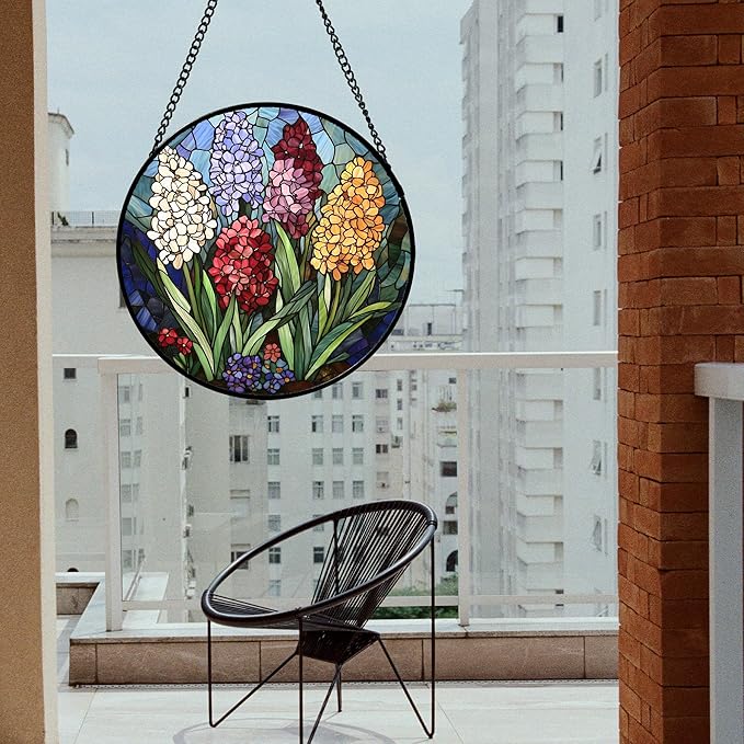 DASTOLL Stained Glass Window Hanging, Colorful Hyacinth Flowers Suncatcher for Doors Window Home Plant Sun Catchers Decoration Mother's Day Birthday Gifts for Women, Men, and Mom 15x15 in