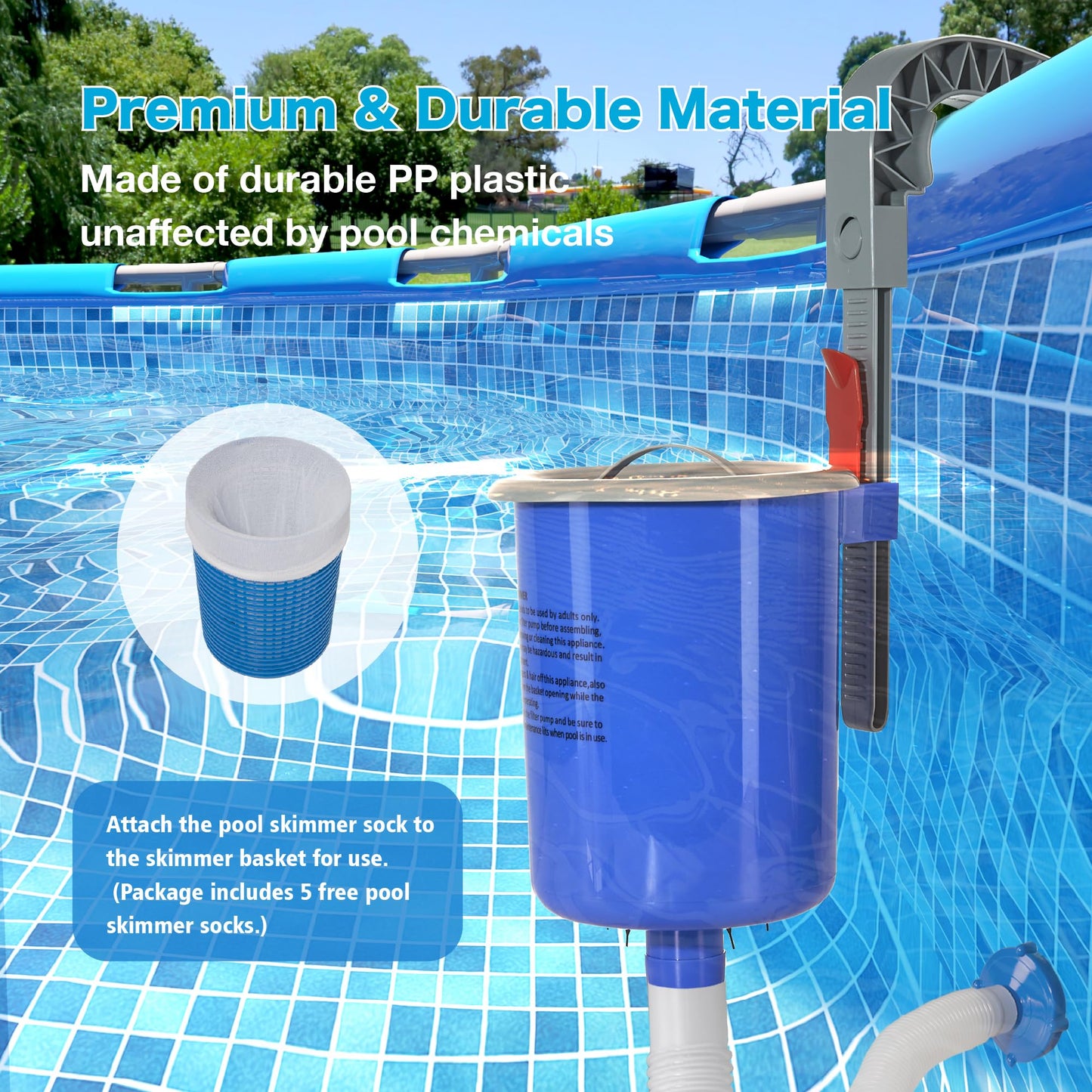 MUWOOB Above Ground Pool Skimmer with 5 Skimmer Socks, Wall Mount Surface Skimmer with Hose & Basket, Compatible with Intex Pools, Adjustable Floating Filter, Automatically Removes Leaves & Debris