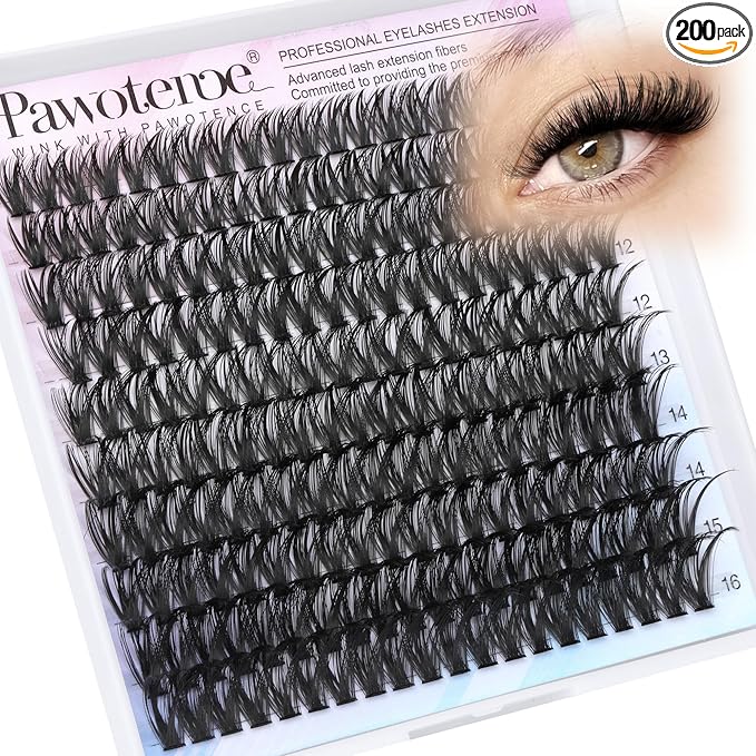 Pawotence Lash Clusters 200pcs Individual Lashes 50D Cluster Eyelash Extensions 9-16mm Eyelash Clusters Lash Extensions for Self Application (50D, 0.07D, 9-16mm Refill)