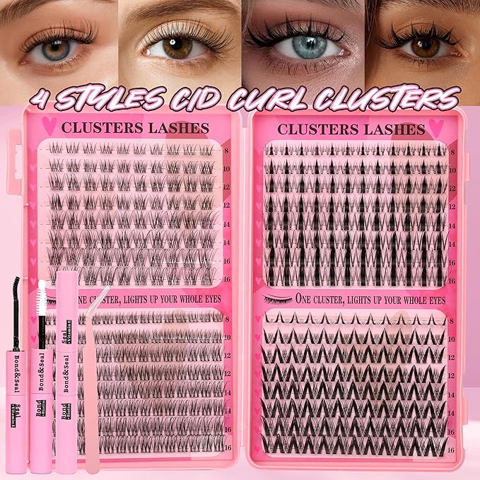 Wispy Lash Clusters Kit Natural Lashes Clusters Fairy Manga Lash Clusters Wet-Look Spiky Anime Lashes Pack 392 Pcs C/D Curl Individual Lashes Lash Bond and Seal Lash Tweezers