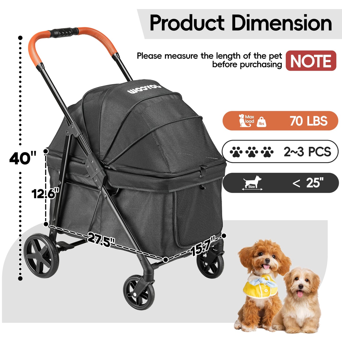 JOYCOW Dog Stroller for 2 Small Dogs or 1 Medium Pet, Low-Entry Design with Anti-Jump-Out, 600D Oxford Fabric, Up to 70 lbs,Black