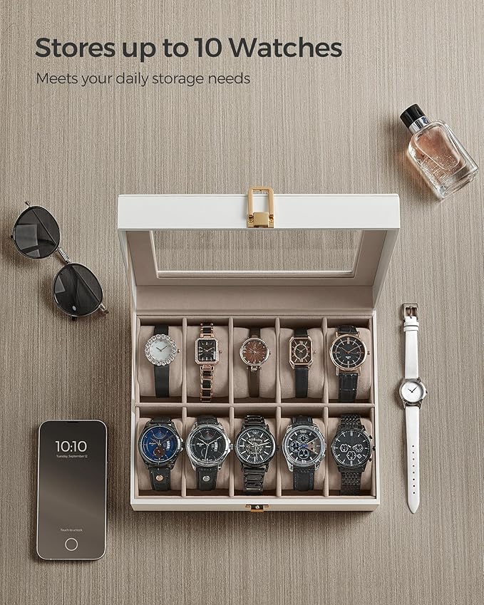 SONGMICS Watch Box, 10-Slot Watch Case Organizer with Large Glass Lid, Removable Pillows, Gift for Loved Ones, Cloud White Synthetic Leather, Cappuccino Beige Lining UJWB010W01