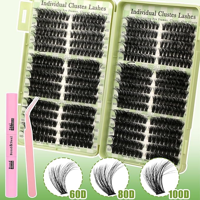 Lash Clusters Kit Natural Cat Eye D Curl Lash Clusters 520Pcs DIY Individual Lashes Clusters Lash Extension Kit Thin Band Wispy Eyelash Clusters Lash Bond and Seal Lash Tweezers