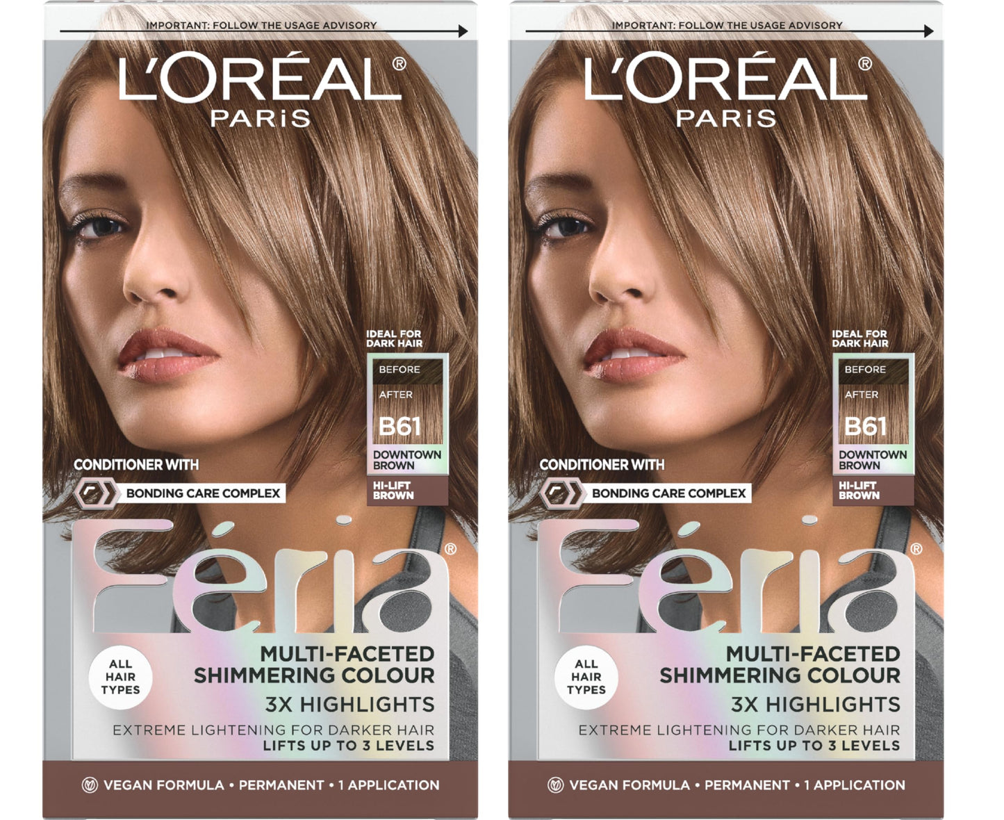 L'Oreal Paris Feria Multi-Faceted Shimmering Permanent Hair Color, B61 Downtown Brown, Hair Dye Kit, Pack of 2