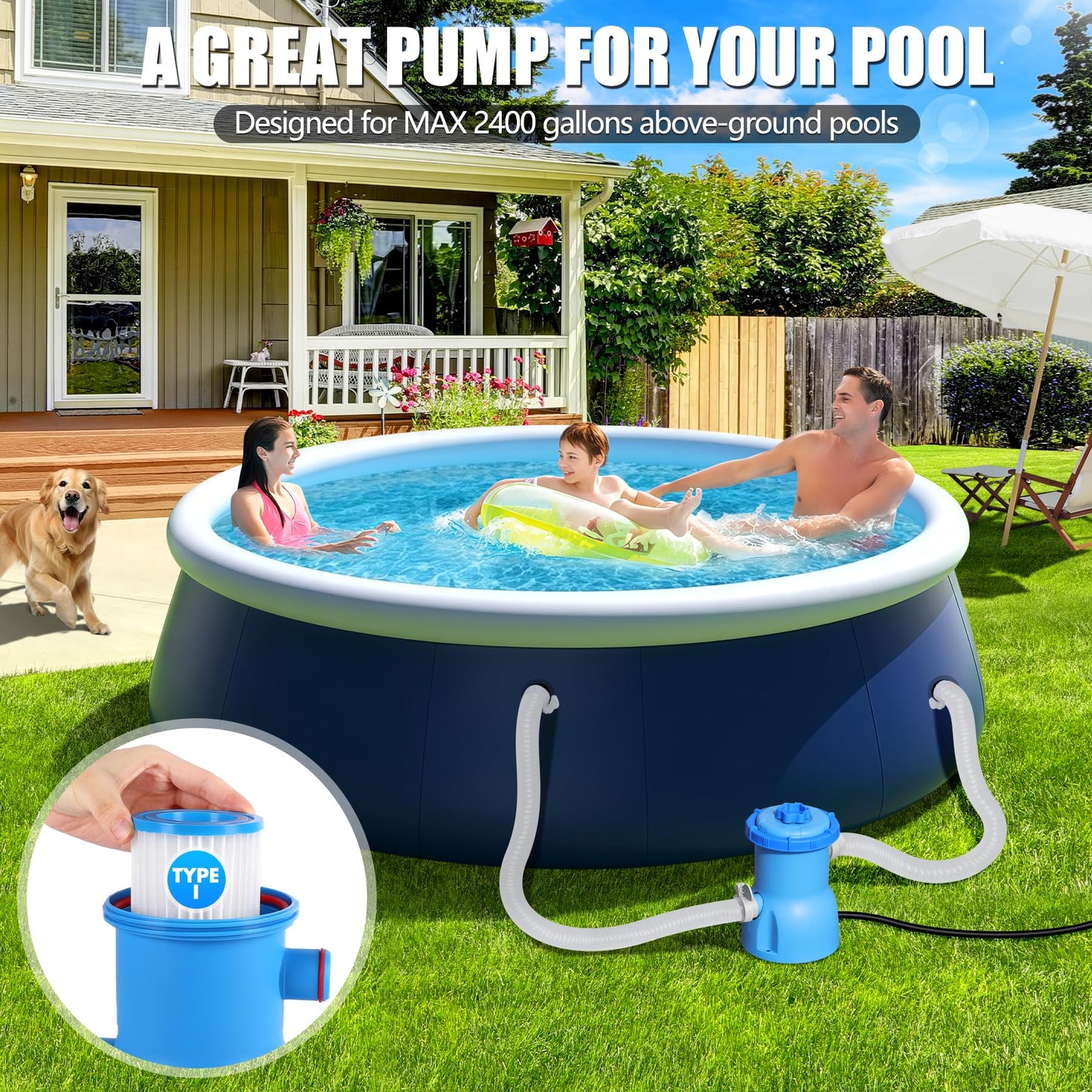 BluClear 300 GPH Pool Filter Pump for Small Above Ground Pools, ETL Certified Pool Cartridge Filter Pump System with GFCI, Safety & Reliable Water Circulation Pumps - Rapidly Capture Debris in Water