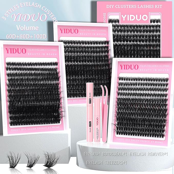 YIDUO 60D+80D+100D Lash Cluster Kit 3 style Volume Clusters Lashes Eyelashes Kit 696Pcs Wispy 10-18mm DIY Individual Eyelash Extensions Wholesale Combo Pack with Glue|Tweezers|Removers