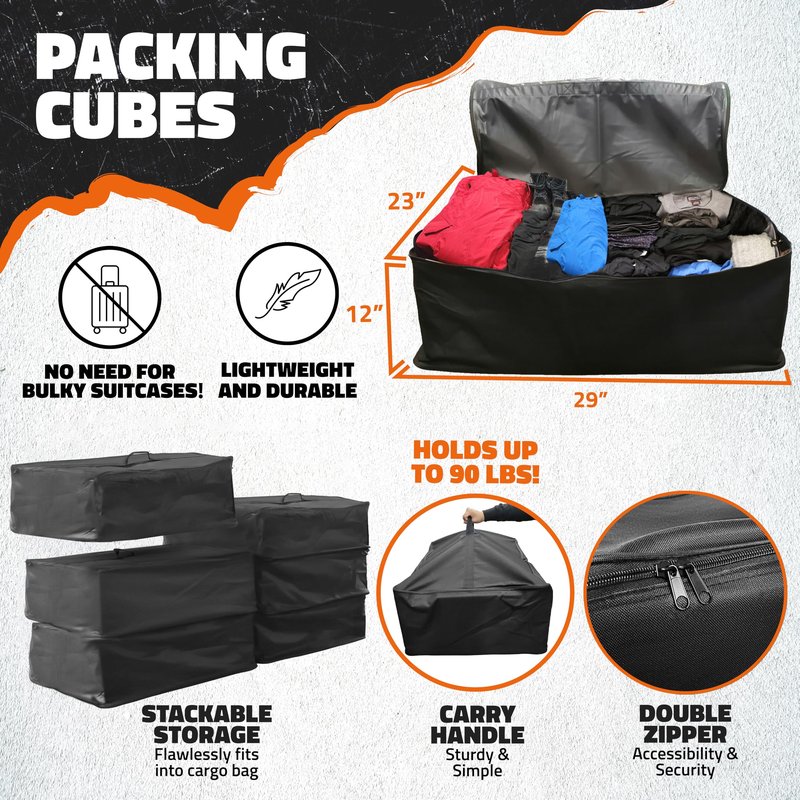 Mockins 60"x24"x6" Heavy Duty Trailer Hitch Cargo Carrier with 30 Cu Ft Waterproof Cargo Bag for Hitch Carrier & 6 Packing Cubes | 500 Lbs. Capacity Folding Luggage Rack for SUV, Car, Truck, & RV
