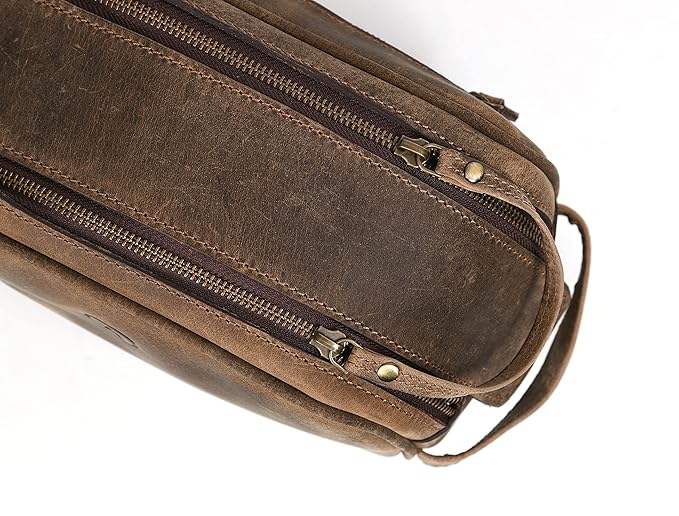 10" Premium Leather Toiletry Travel Pouch With Waterproof Lining Black Color | King-Size Handcrafted Vintage Shaving Kit By Aaron Leather Goods (Brown)