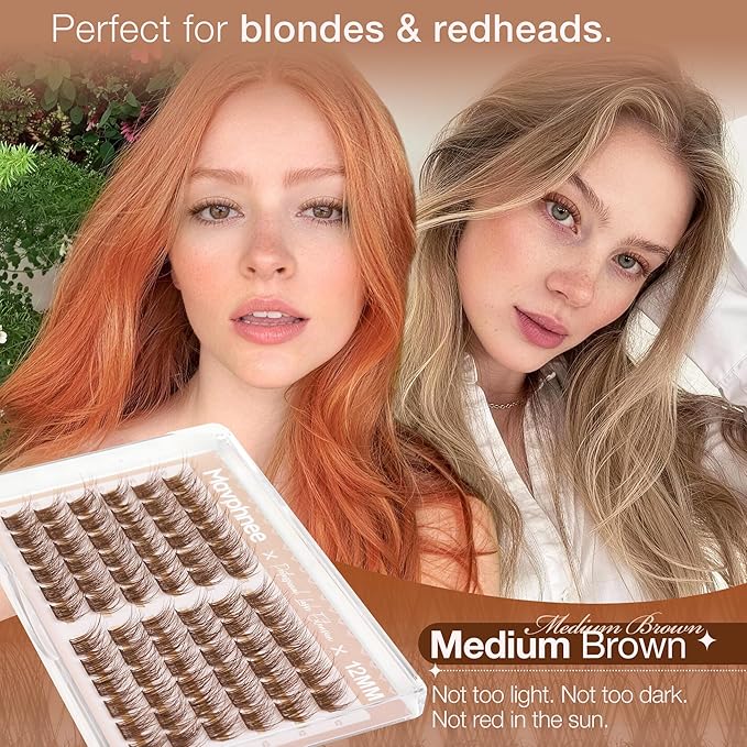 12MM Lash Clusters Brown Eyelash Clusters Natural Fluffy Wispy Cluster Eyelash Extensions with Clear Band & C Curl - For Noticeable But Not Dramatic Look, Soft Glam Sweet Spot