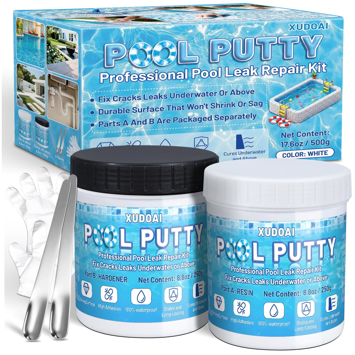 Pool Putty, 17.6oz/500g 2 Part Epoxy Pool Putty for Underwater or Above-Water Crack Leak Filling and Repair, Sealing and Repair of Holes and Damage in Fiberglass, Concrete and Tile Surfaces (White)