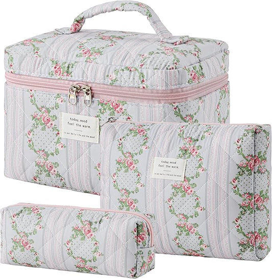 HBselect Quilted Makeup Bag, 3PCS Cotton Large Travel Makeup Bag, Cute Floral Coquette Make up Bag Cosmetic Bag Toiletry Bag for Women Girls