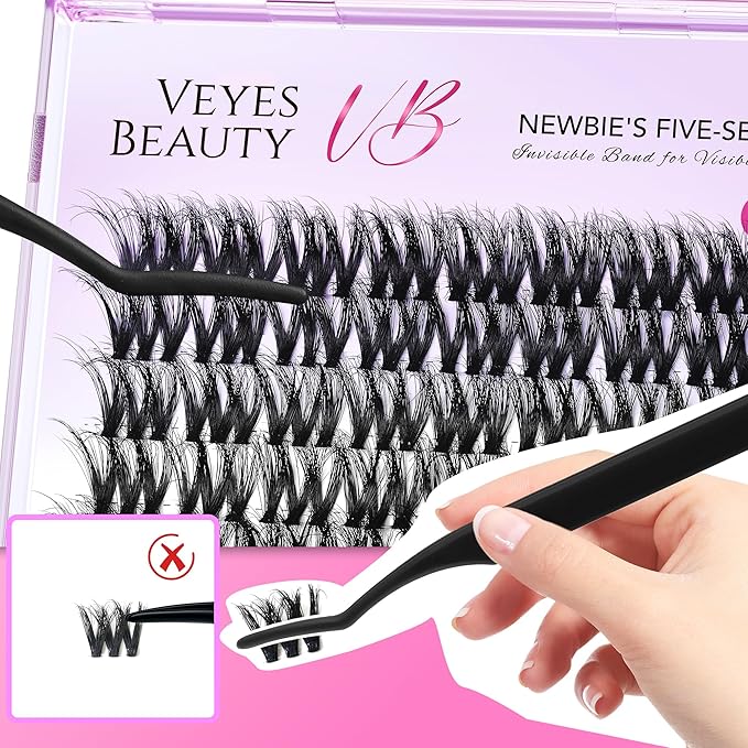 VEYESBEAUTY Lash Clusters Fluffy Individual Lash Extensions VBmuse 3D Layered Volume Eyelashes Thin & Invisible Band Wispy Faux Mink Lash Newbie's Five-Second Length 14mm
